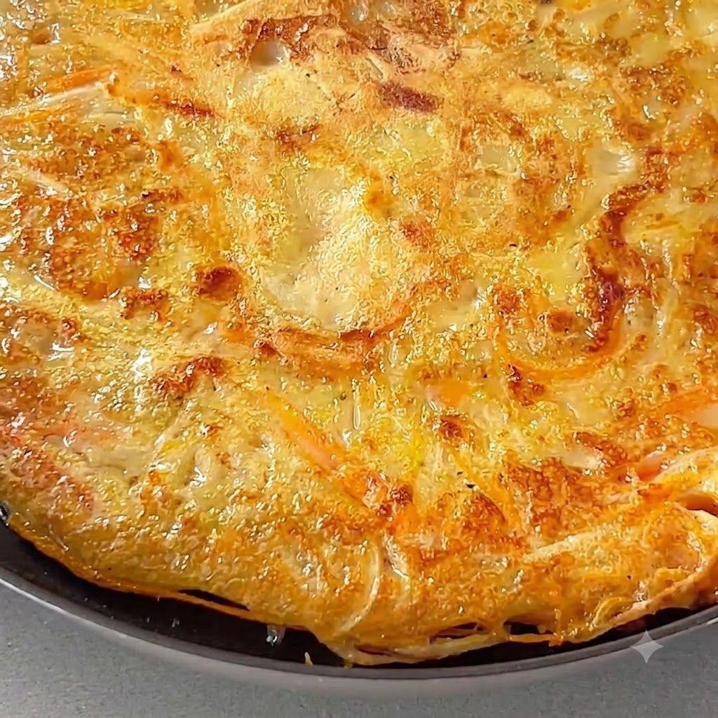 Una frittella di patate perfettamente dorata e croccante che sfrigola in padella dopo essere stata girata.