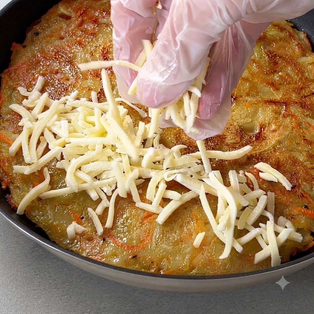 Una mano con un guanto che sparge mozzarella grattugiata su una frittella di patate in padella.