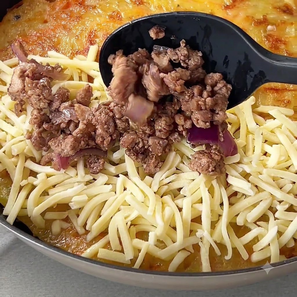 Un cucchiaio nero che distribuisce la carne macinata cotta e le cipolle sul formaggio e sulla base di patate.