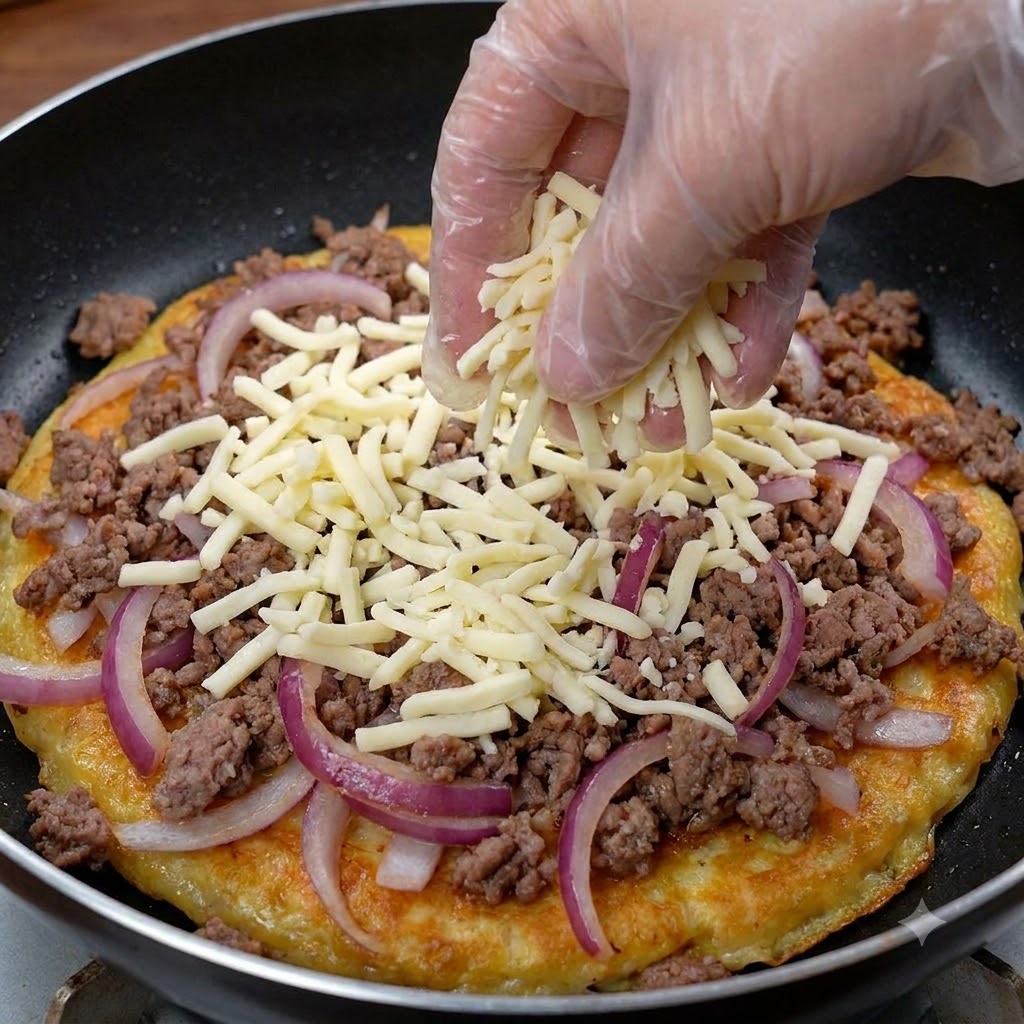 Una mano con un guanto che sparge un abbondante strato di formaggio su un mix di carne e cipolle in padella.