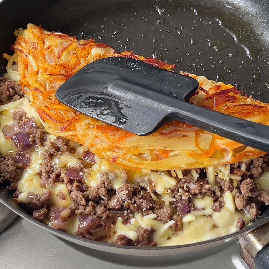 Una spatola nera preme su una frittella di patate piegata, dorata e croccante, ripiena di carne e formaggio.