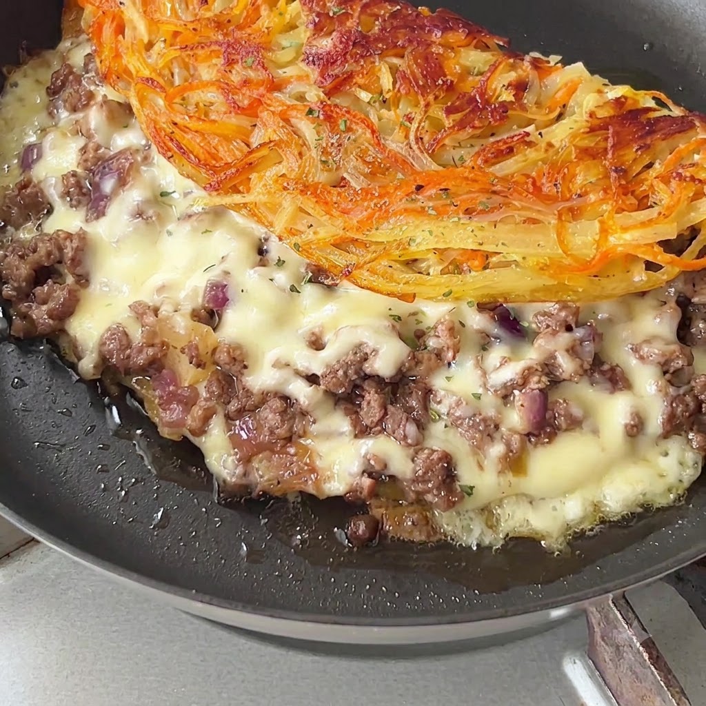 Una frittella di patate piegata e cotta in padella, con formaggio fuso e guarnita con prezzemolo tritato.