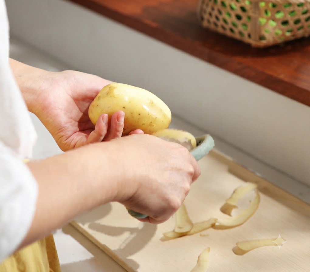 Mani che pelano una patata fresca prima di tagliarla a piccoli pezzi su un tagliere.