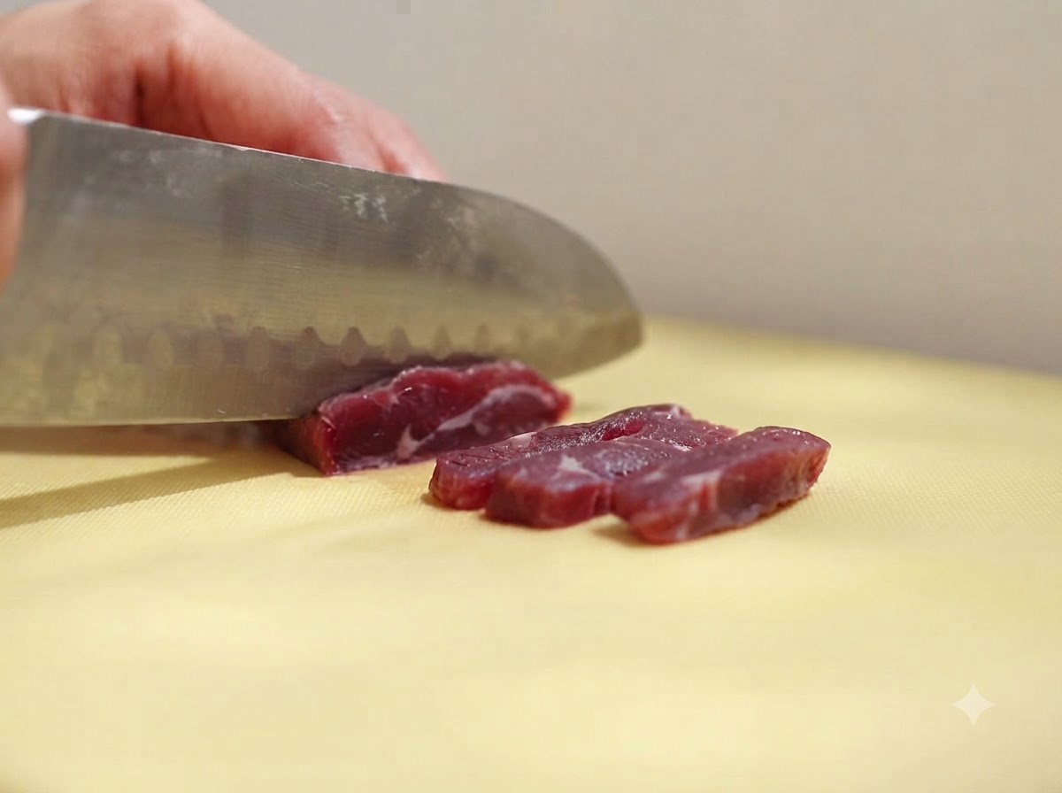 Un coltello affilato che taglia un pezzo di manzo crudo in strisce più sottili su un tagliere giallo.