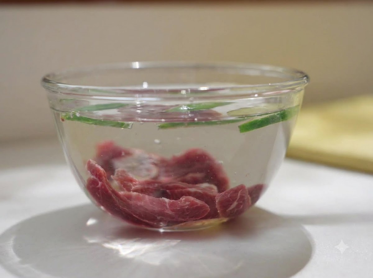 Manzo crudo a fette in ammollo in una ciotola di vetro trasparente con acqua, zenzero fresco e pezzi di cipollotto.