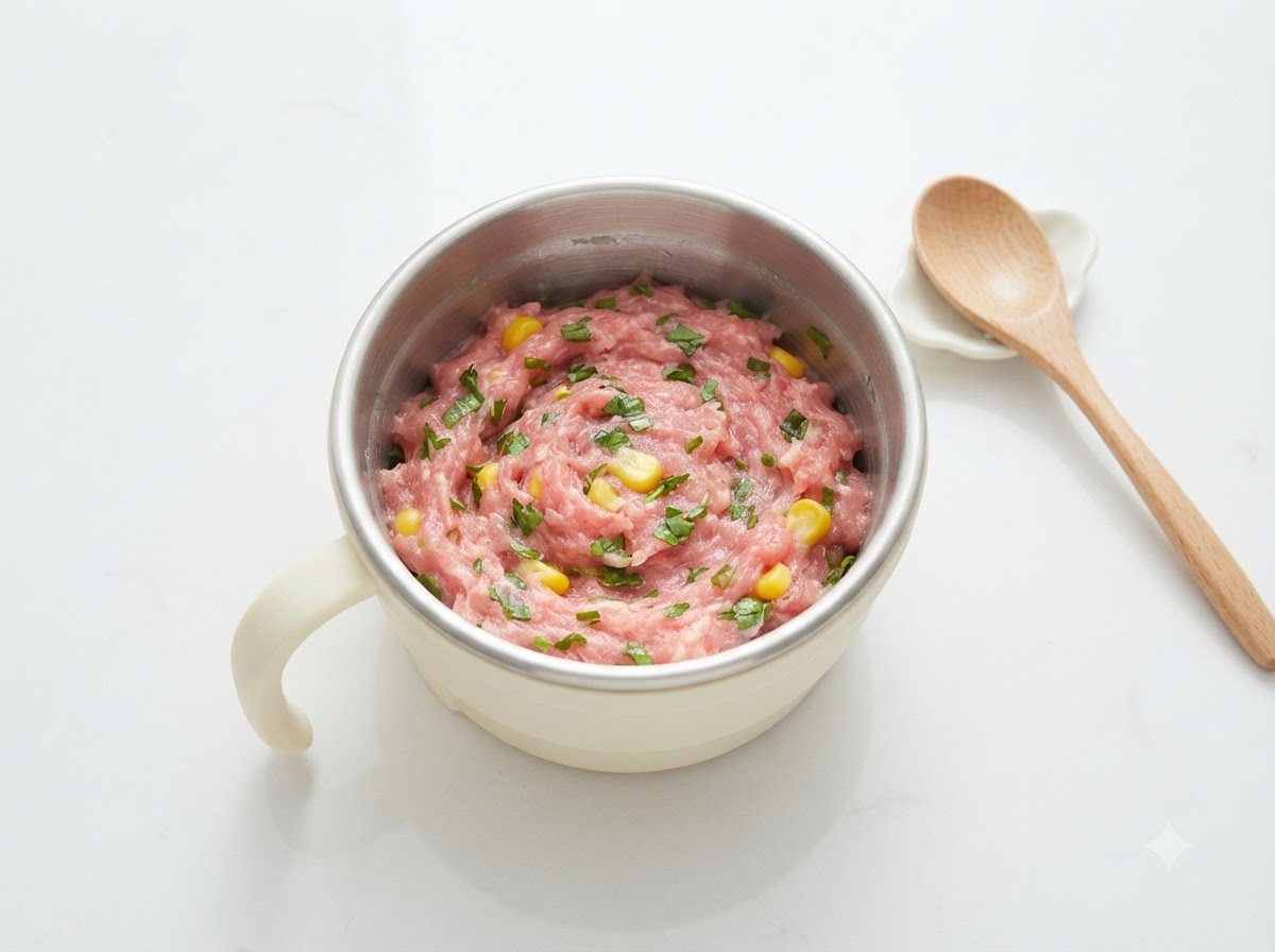 Chicchi di mais, verdure verdi tritate e amido bianco in polvere aggiunti al composto di carne macinata nella tazza.