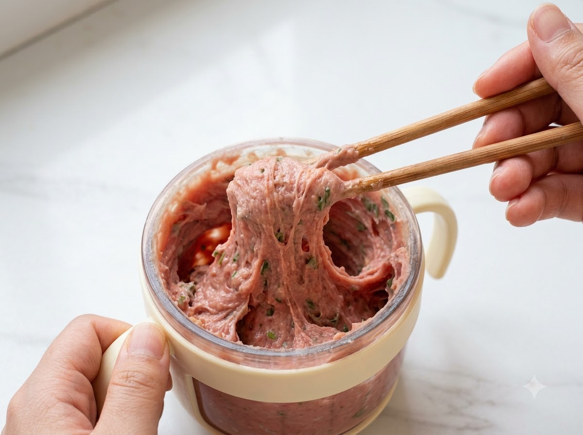 Il composto di carne mescolato e amalgamato accuratamente usando delle bacchette di legno.