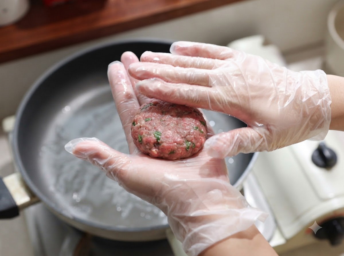 Una porzione di composto di carne modellata in una piccola polpetta rotonda su una mano guantata.