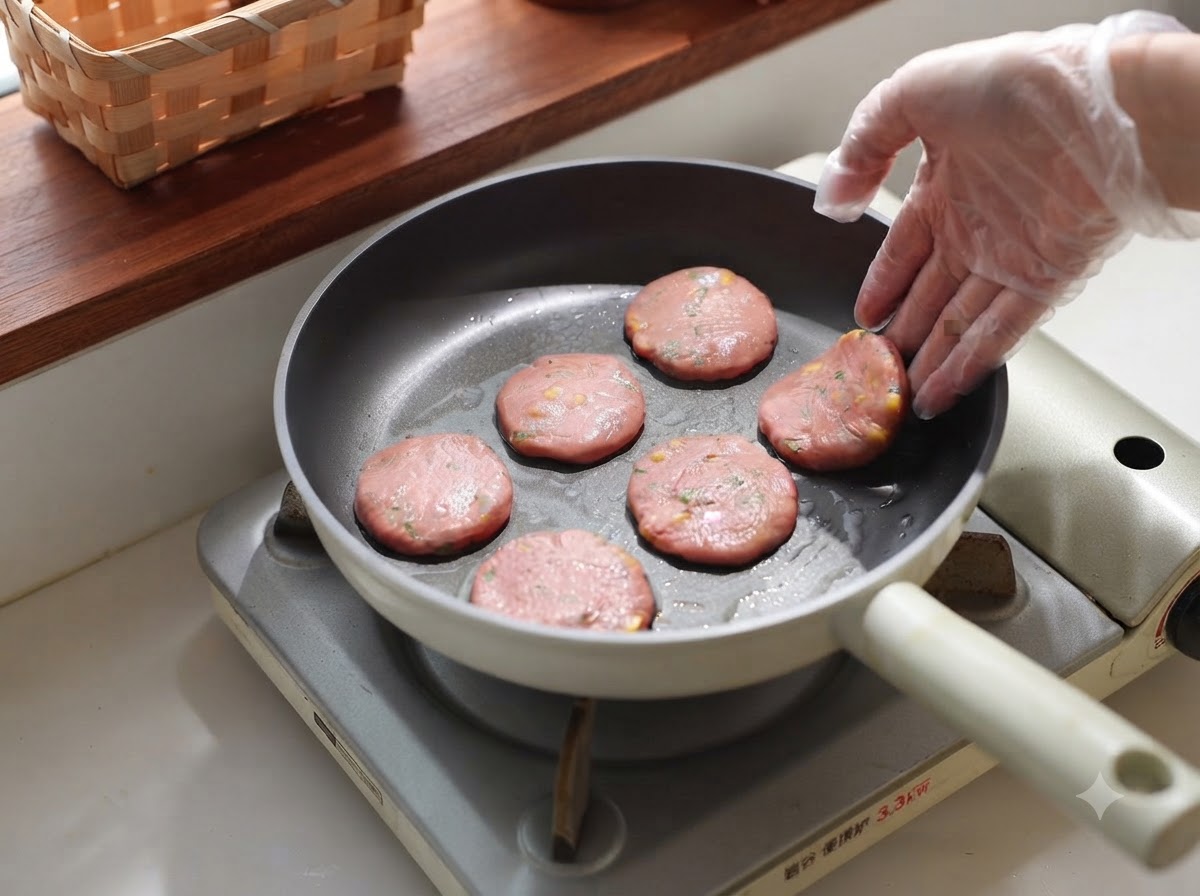 Piccole polpette rotonde disposte in modo uniforme allinterno della padella riscaldata.