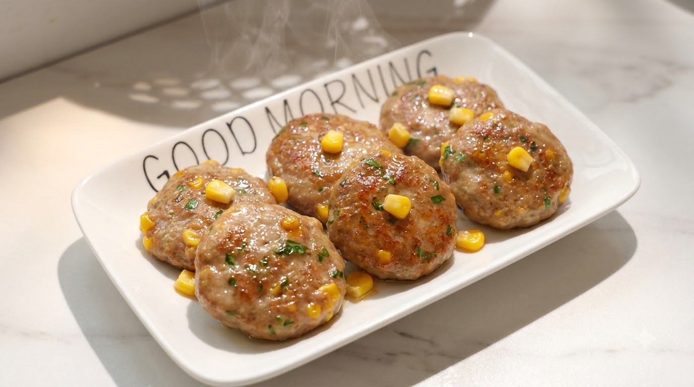 Polpette di manzo e patate tenere e dorate guarnite con chicchi di mais dolce su un piatto di ceramica bianca.