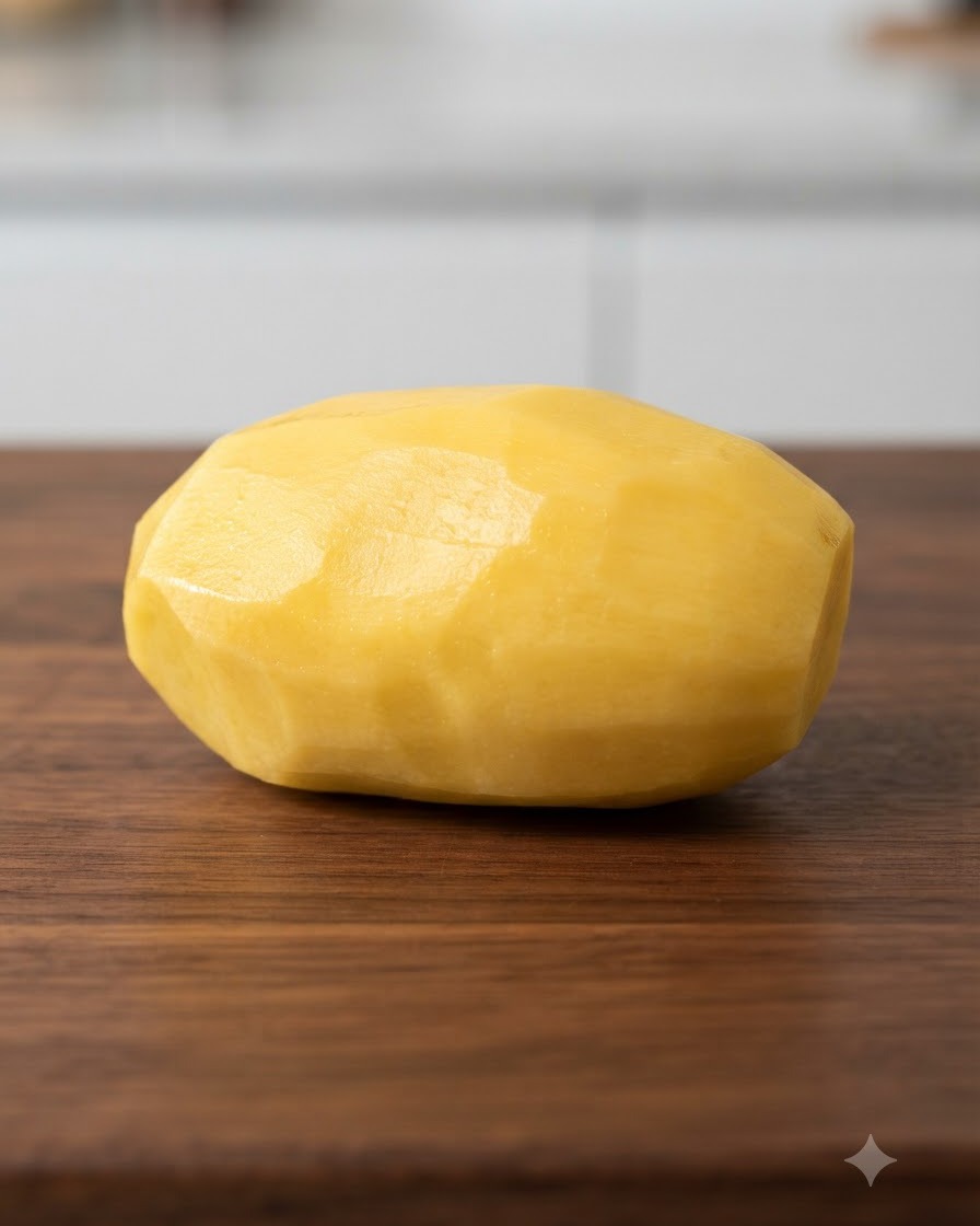 Una patata gialla pelata tagliata a piccoli cubetti su un tagliere di legno con un coltello.