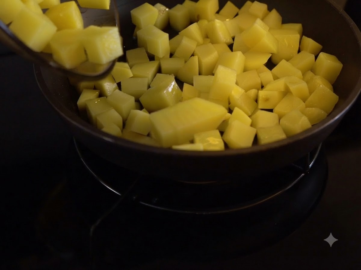 Patate a cubetti in cottura in una padella mentre vengono mescolate con una spatola.