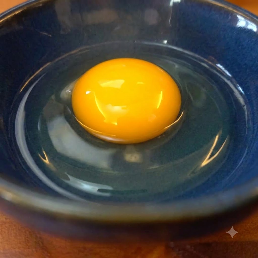 Un singolo tuorlo duovo crudo in una ciotola blu prima di essere mescolato.