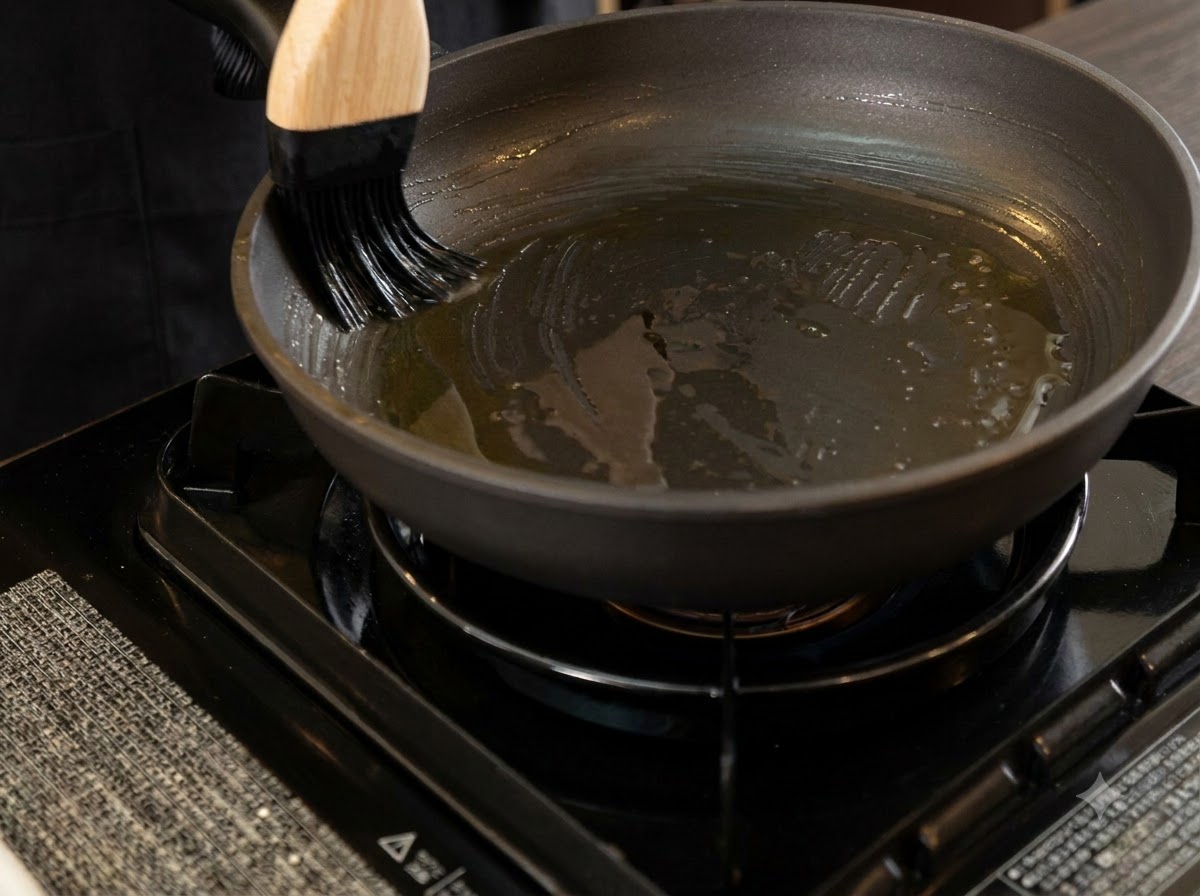 Un pennello da cucina che distribuisce lolio allinterno di una padella posta su un fornello.