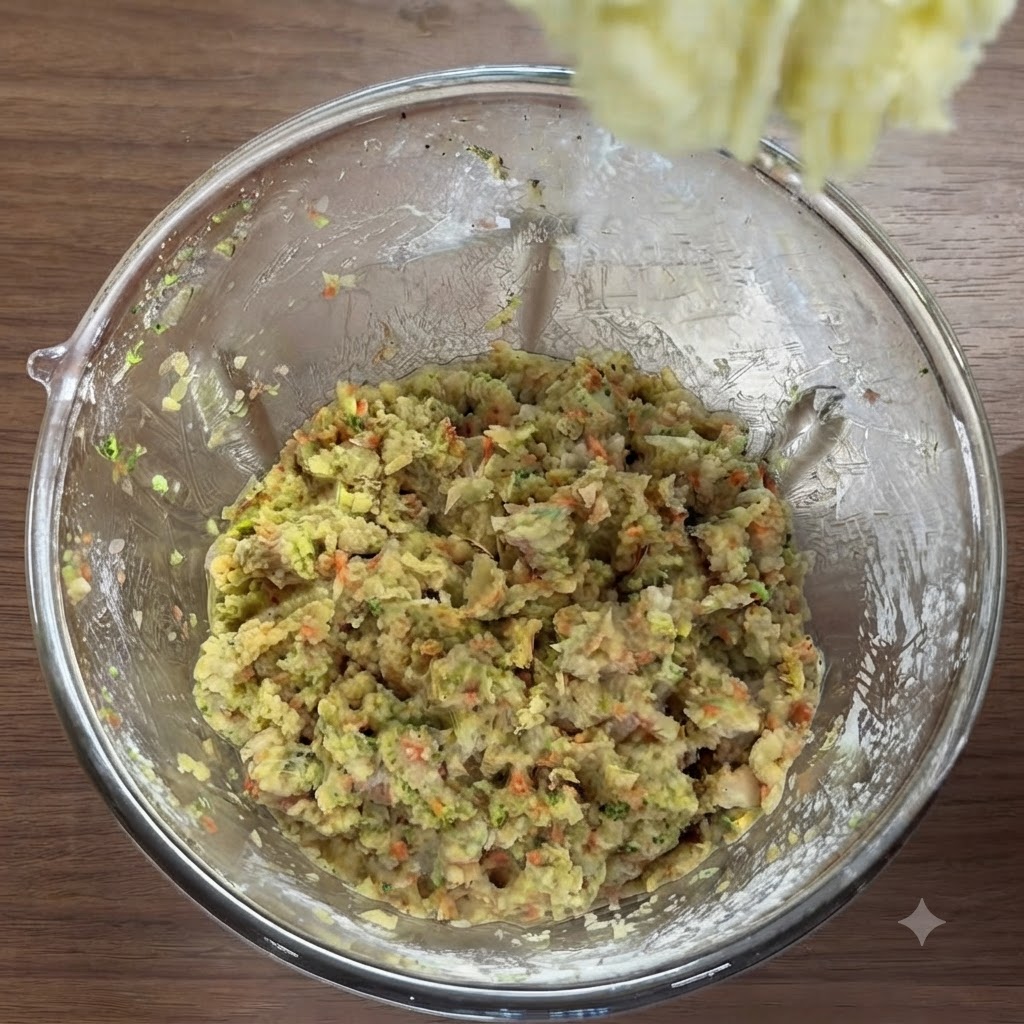 Purè di patate aggiunto a una ciotola di ingredienti misti di pollo e verdure, mescolato con una forchetta.