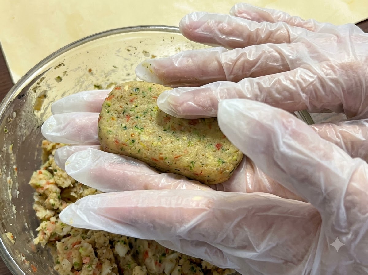 Mani con i guanti che modellano una polpetta rettangolare dal composto di pollo e patate.