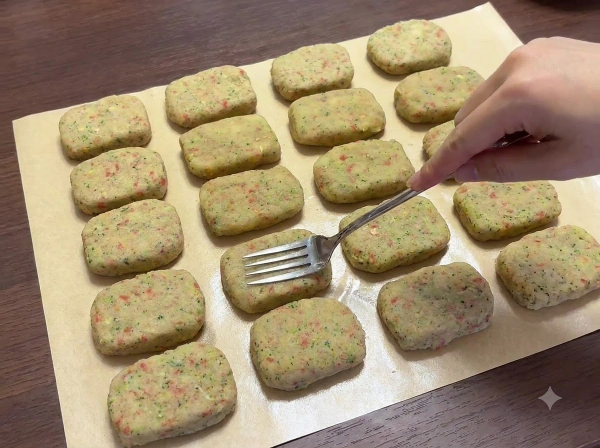 Una forchetta che preme linee a motivo su più polpette sagomate disposte su carta da forno.