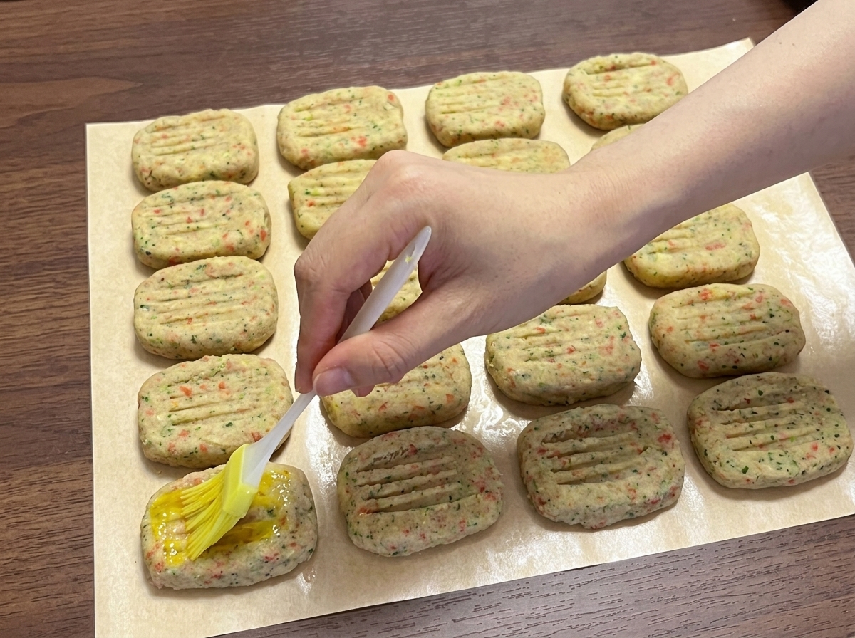 Un piccolo pennello che applica il tuorlo duovo sulle polpette di patate sagomate, guarnite con semi di sesamo.