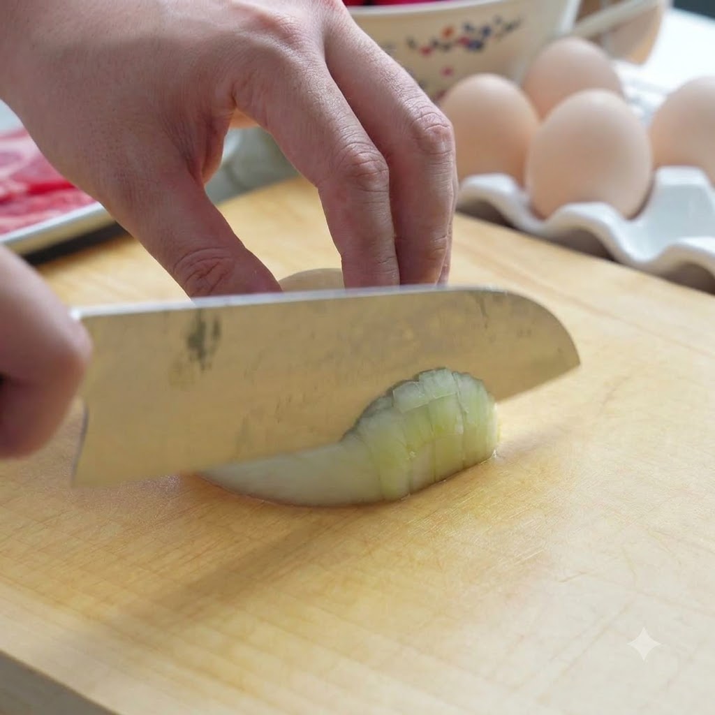 Una cipolla tagliata con cura in piccoli cubetti su un tagliere di legno con un coltello da chef affilato.