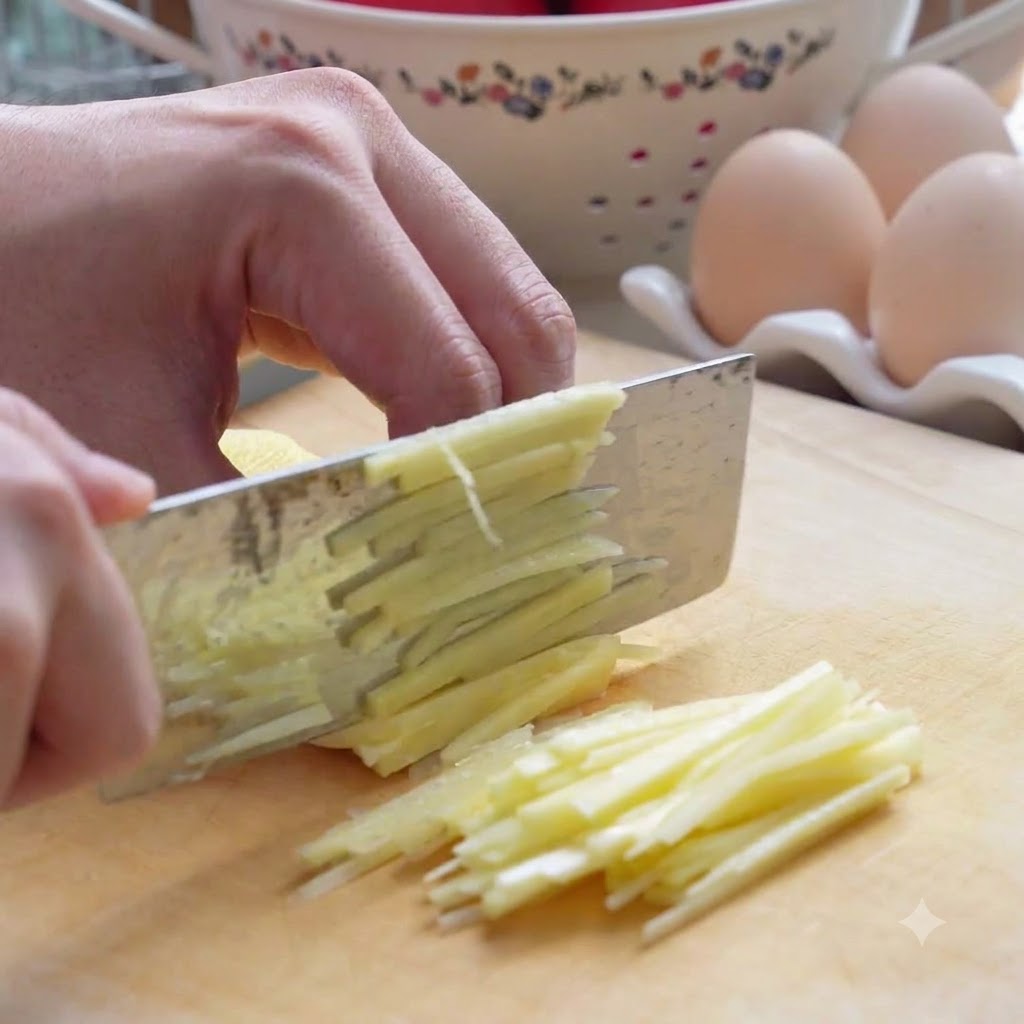 Patate e carote tagliate a striscioline sottili con un coltello da cucina su un tagliere.