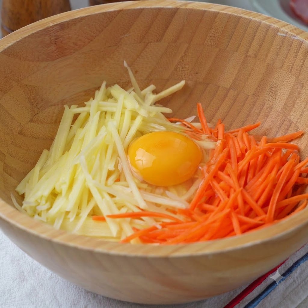 Una ciotola di legno piena di patate e carote grattugiate, un uovo, farina, sale e pepe pronti per essere mescolati.