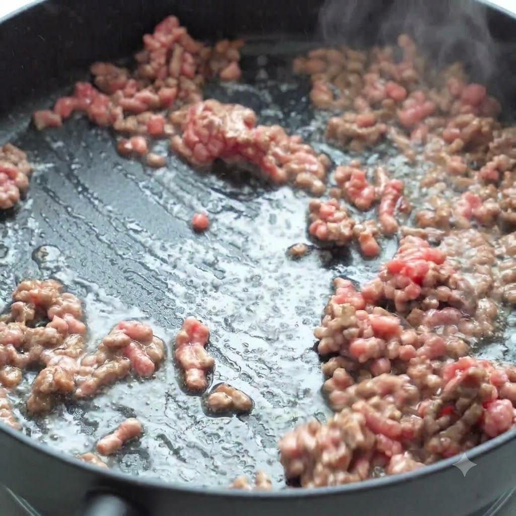 Carne macinata saltata in padella con laggiunta di cipolle e pomodori freschi a dadini.
