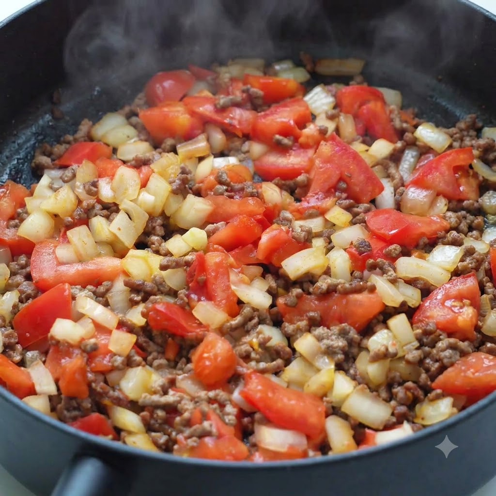 Un miscuglio di carne e verdure condito con spezie e ketchup allinterno di una padella.
