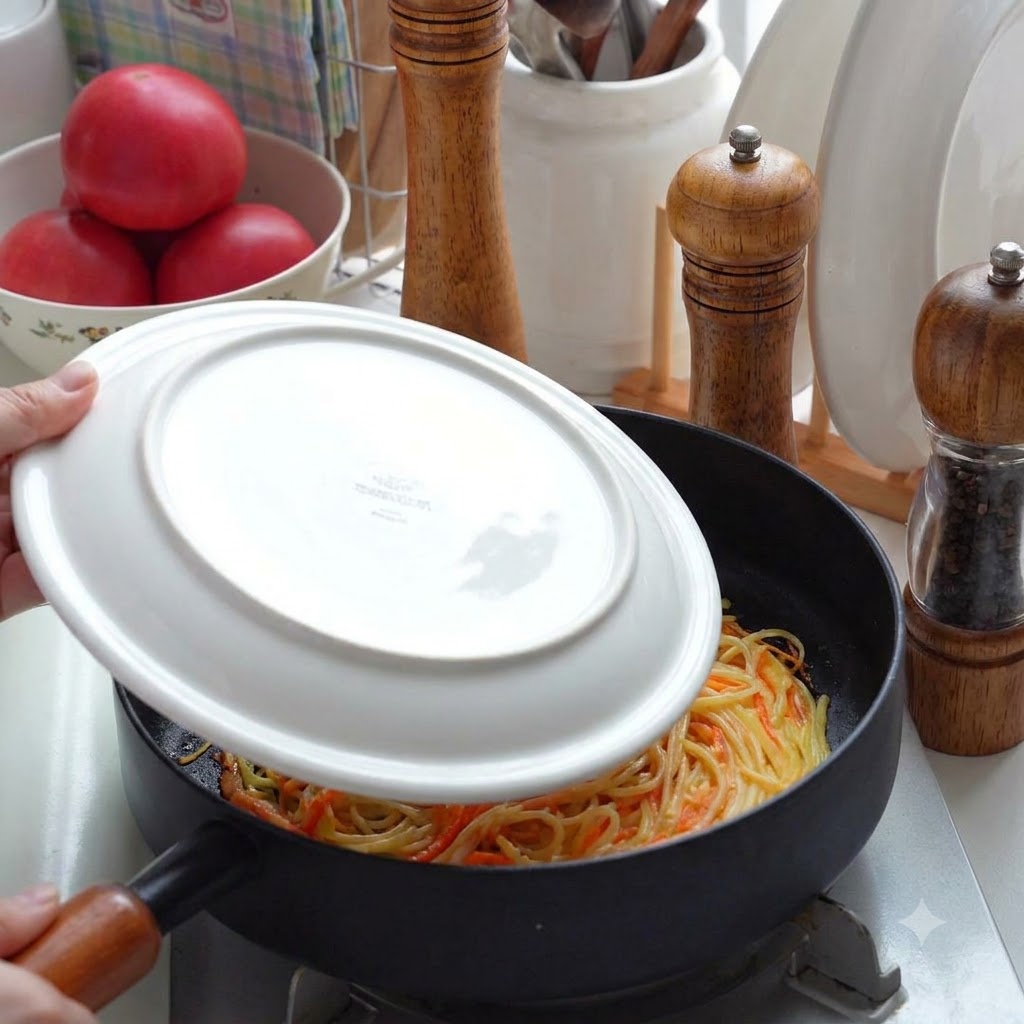 Un piatto bianco utilizzato per capovolgere una frittata di patate allinterno di una padella nera.