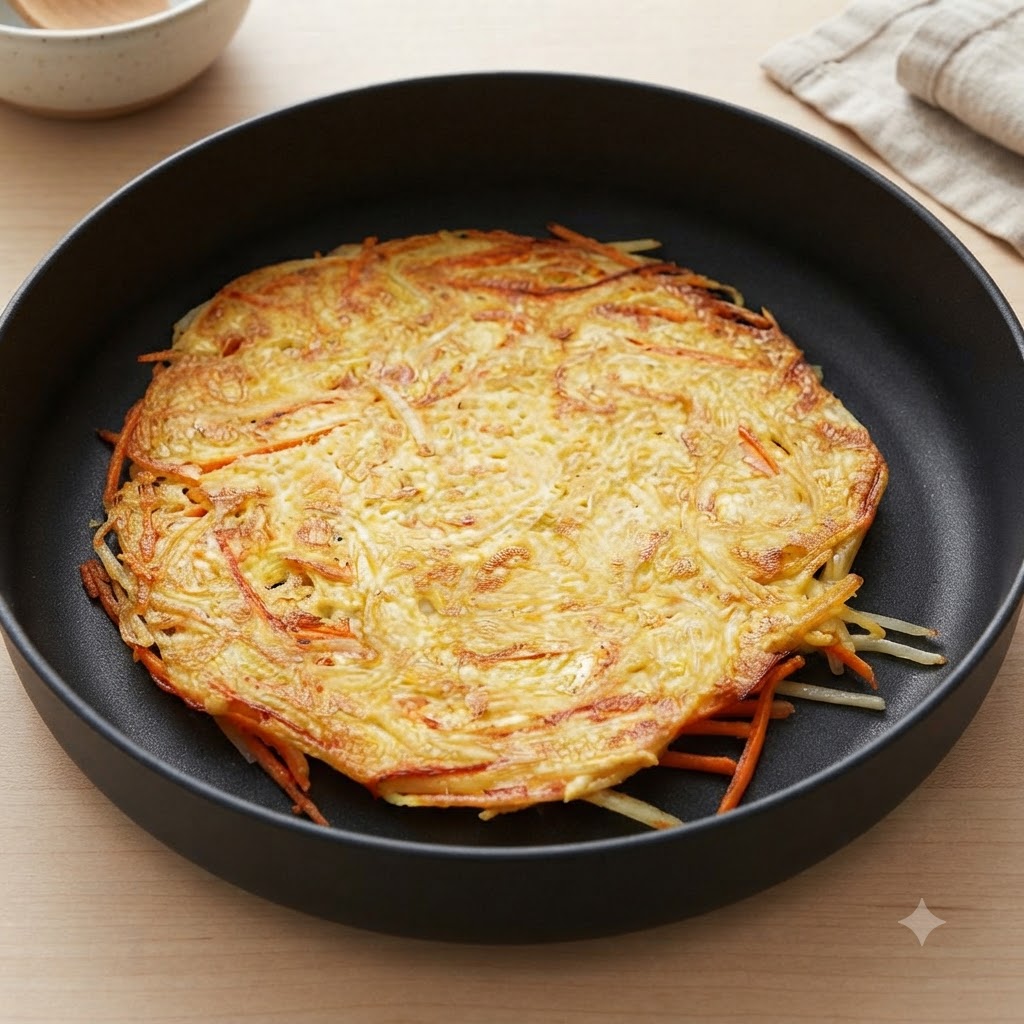 Una frittata di patate cotta adagiata in una padella nera.