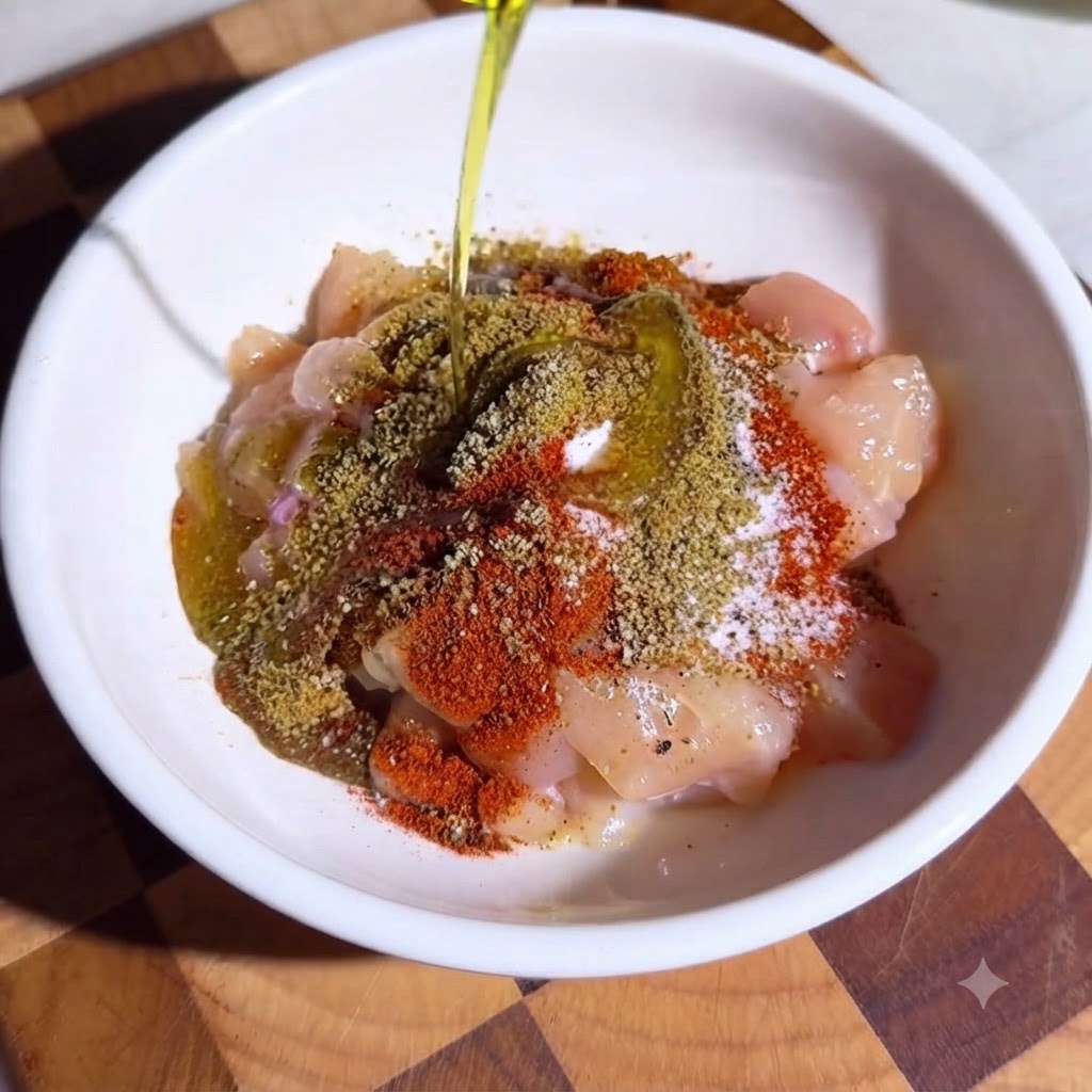 Mani con guanti che mescolano i condimenti e il pollo in una ciotola bianca.