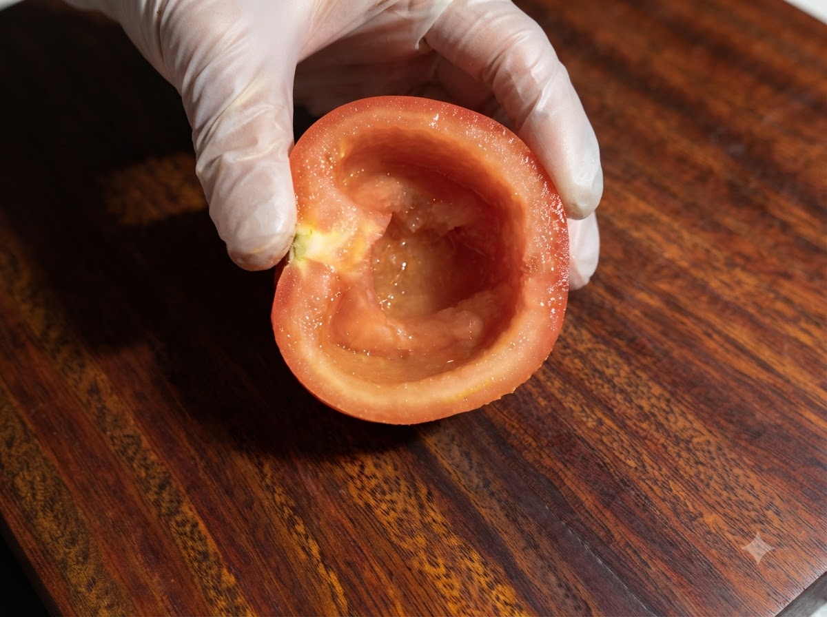 Un pomodoro privato del torsolo preparato su un tagliere di legno insieme ad altre verdure.