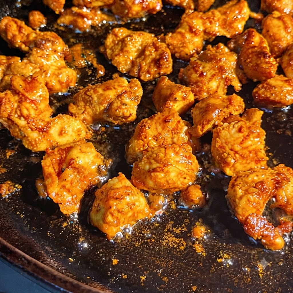Pezzi di pollo che sfrigolano e rosolano in una padella scura.