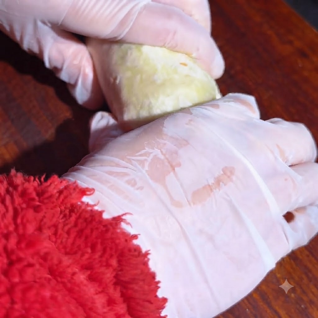 Mani con guanti protettivi che modellano delicatamente e tengono un wrap arrotolato.