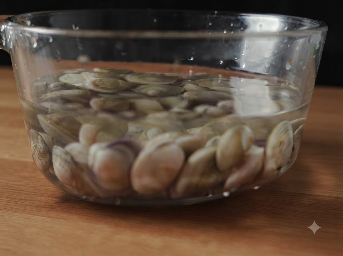 Vongole fresche in ammollo in una ciotola di vetro trasparente piena dacqua su una superficie di legno.