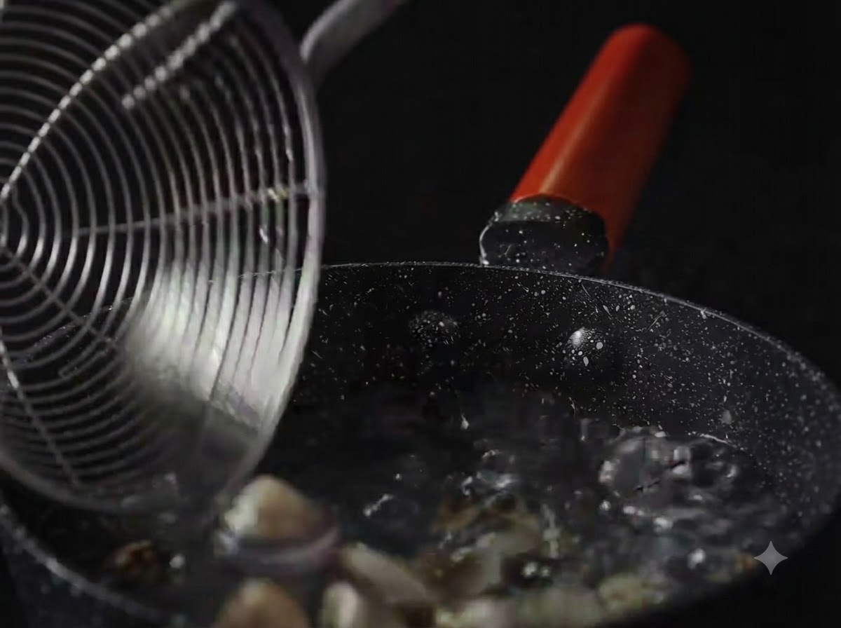 Una schiumarola che raccoglie vongole cotte da una pentola dacqua bollente.