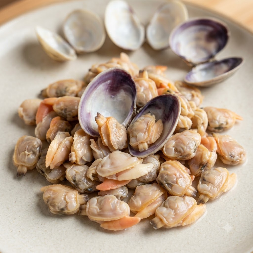 Molluschi cotti ammucchiati su un piatto di ceramica con gusci vuoti disposti in alto.