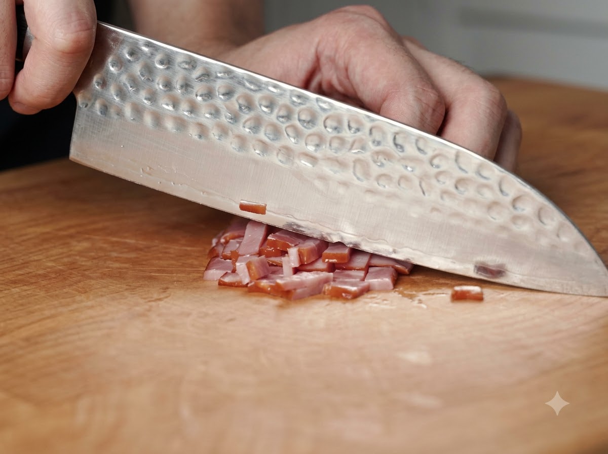 Un coltello che affetta la pancetta a pezzetti su un tagliere di legno.