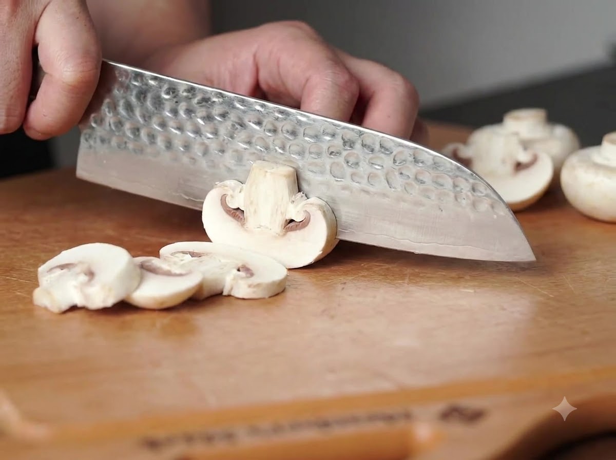 Un coltello da chef che affetta funghi champignon bianchi su un tagliere di legno.