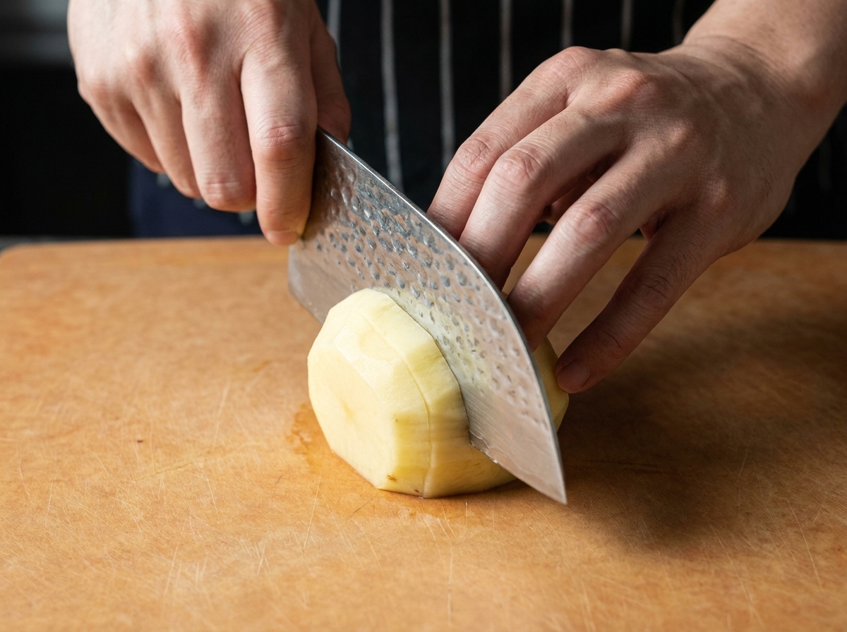 La mano di uno chef con un coltello che taglia a piccoli cubetti una patata sbucciata su un tagliere di legno.