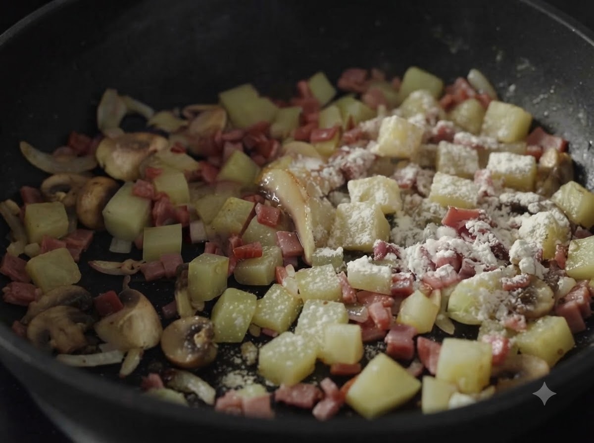 Funghi affettati, patate a cubetti e farina mescolati con pancetta e cipolle in una padella.