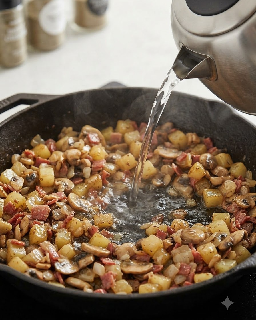 Acqua calda versata da un bollitore in acciaio in una padella piena di patate, funghi e pancetta saltati.