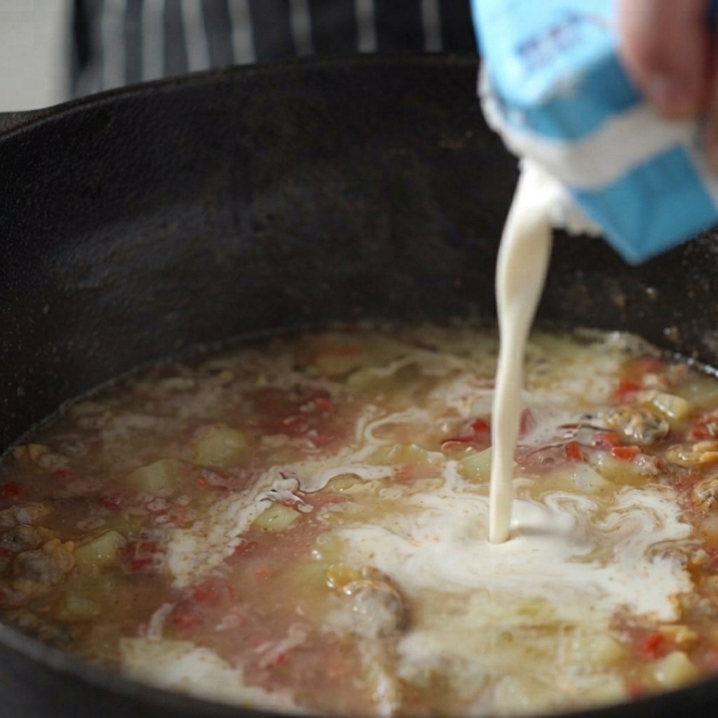 Panna fresca versata da un cartone blu e bianco in una pentola di zuppa a fuoco lento.