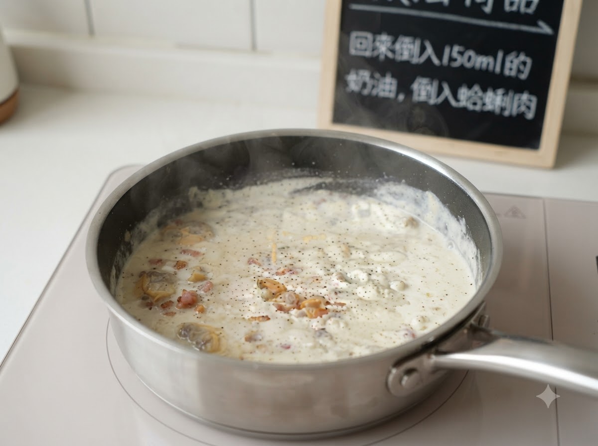 Una padella con una zuppa cremosa condita con pepe nero, pronta con laggiunta di molluschi.