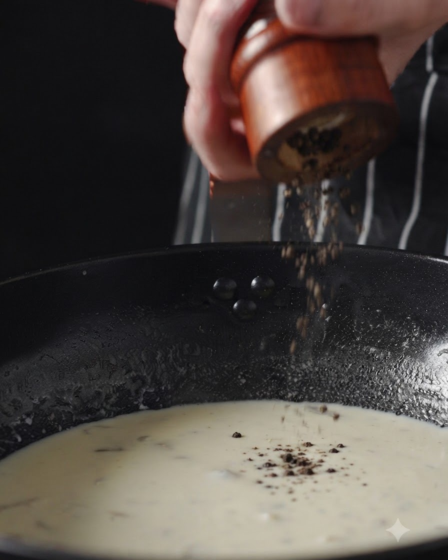 Pepe nero macinato fresco che cade da un macinino di legno in una zuppa bianca cremosa in una padella nera.