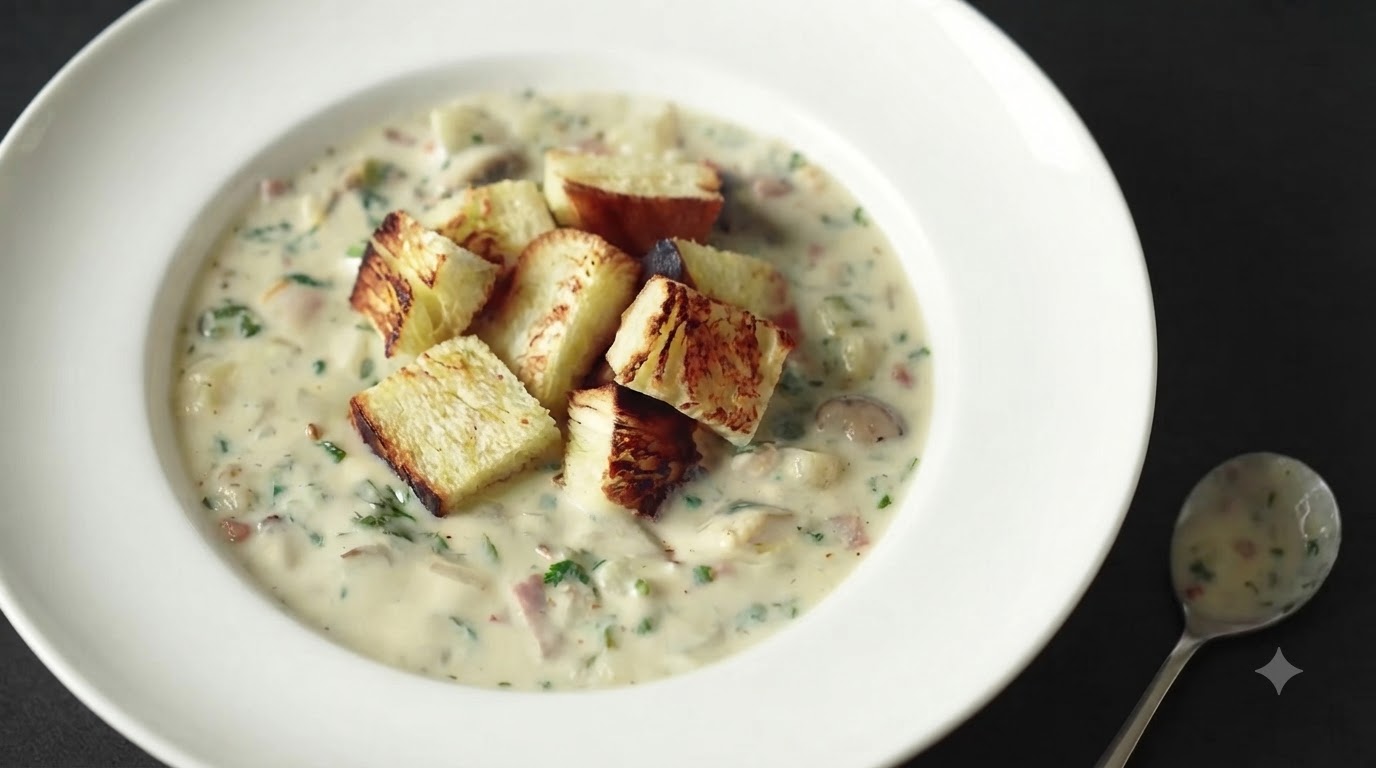 Una ciotola di clam chowder cremosa guarnita con cubetti di pane tostato dorato ed erbe fresche.