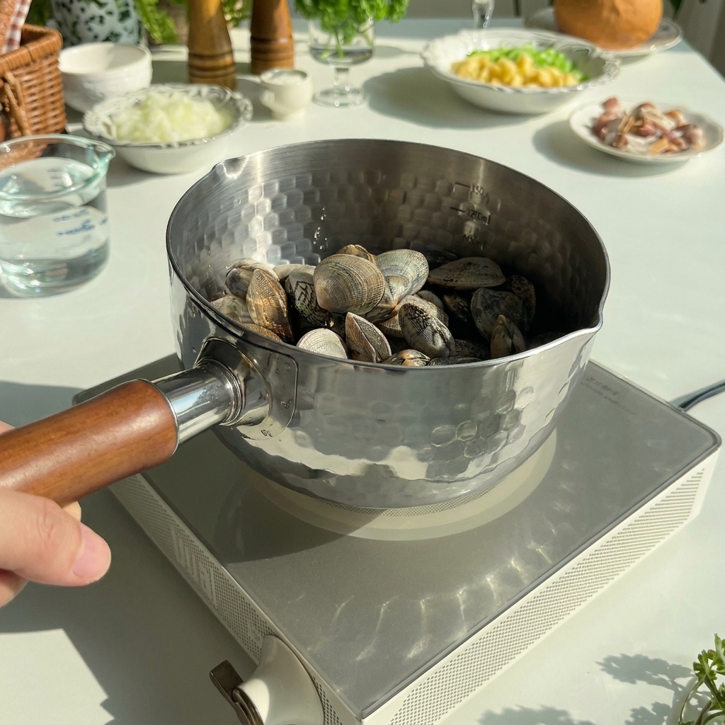 Vongole fresche in una pentola di metallo con acqua fredda pronte per essere bollite.