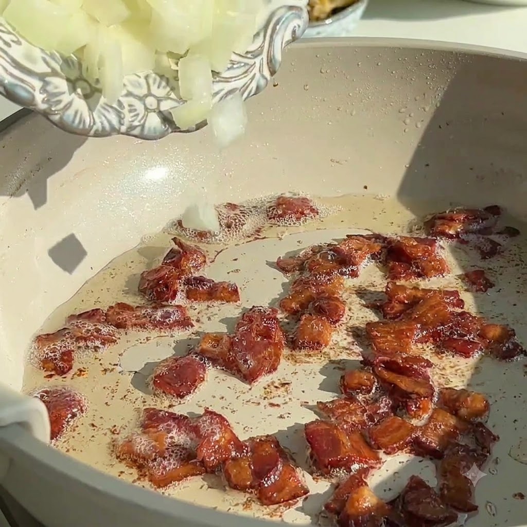 Cipolle appena tritate versate da un piatto decorativo bianco nella padella contenente i pezzi di pancetta sfrigolanti.