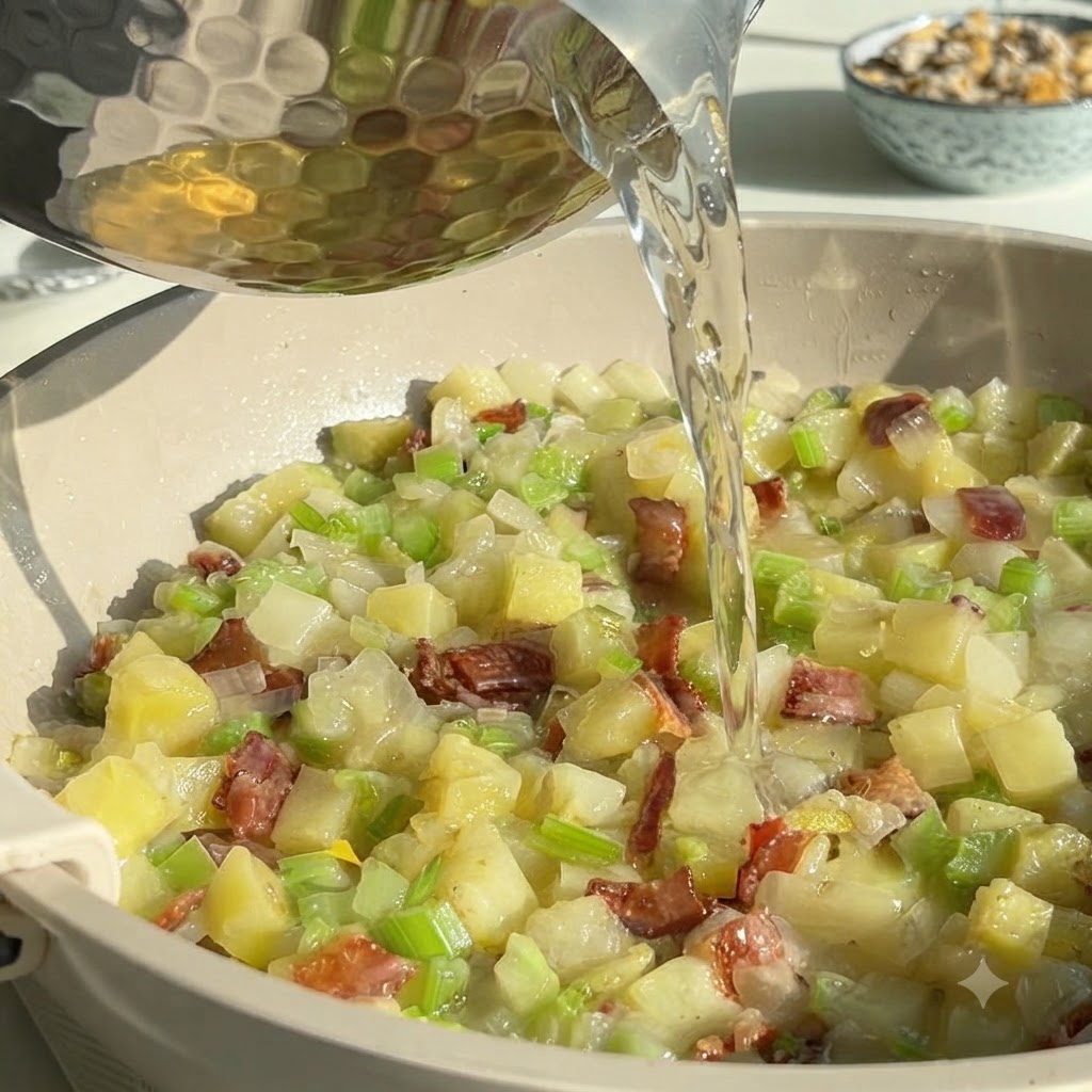 Il brodo di vongole versato da una pentola di metallo ruvida nella padella piena di verdure saltate e pancetta.