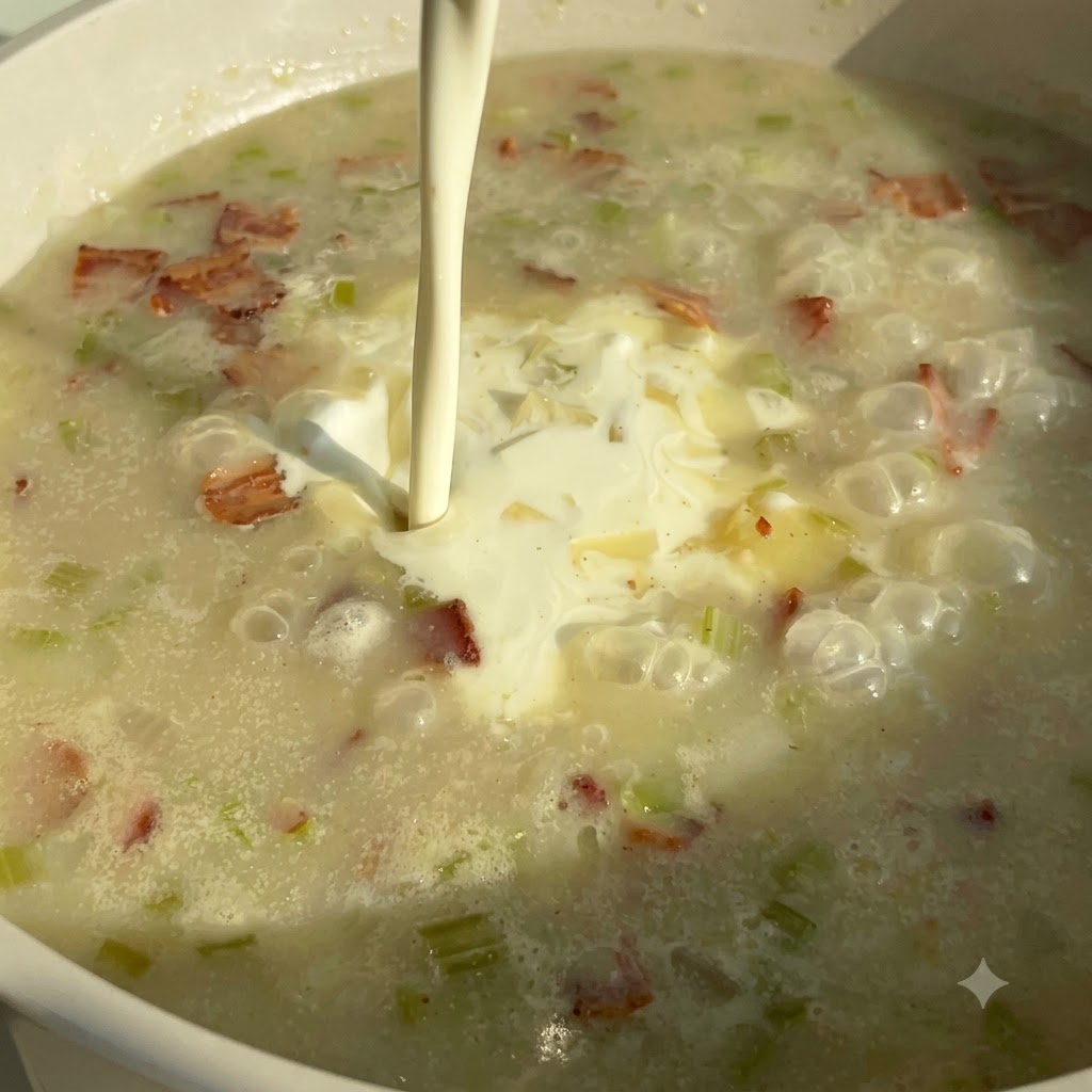 Panna fresca versata in una pentola di zuppa ribollente contenente pancetta e verdure.
