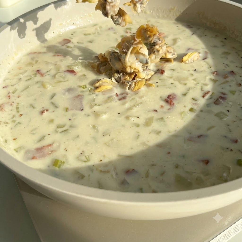 La carne delle vongole sgusciate che viene calata in una grande padella di zuppa bianca e cremosa.